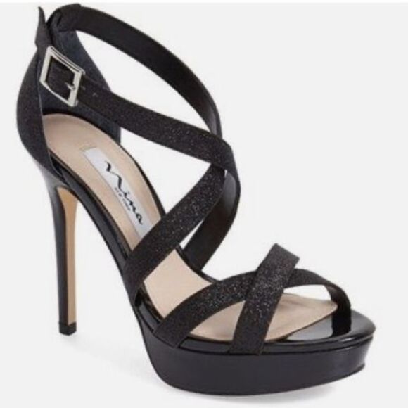 Nina Sevilla Black Sparkling High Heel Platform Strappy Sandals Size 8.5 - Picture 1 of 14